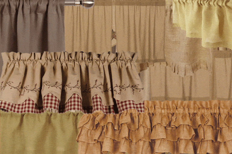 Collaged photos of curtains, 17 Adorable Rustic Burlap Kitchen Curtains