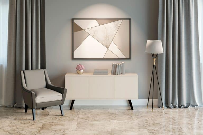 Interior of a luxurious living room interior themed in gray and matched with gray curtains, 10 Types Of Kitchen Curtains You Should Know