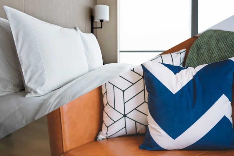 Collage of white pillow on bed and two sofa cushions