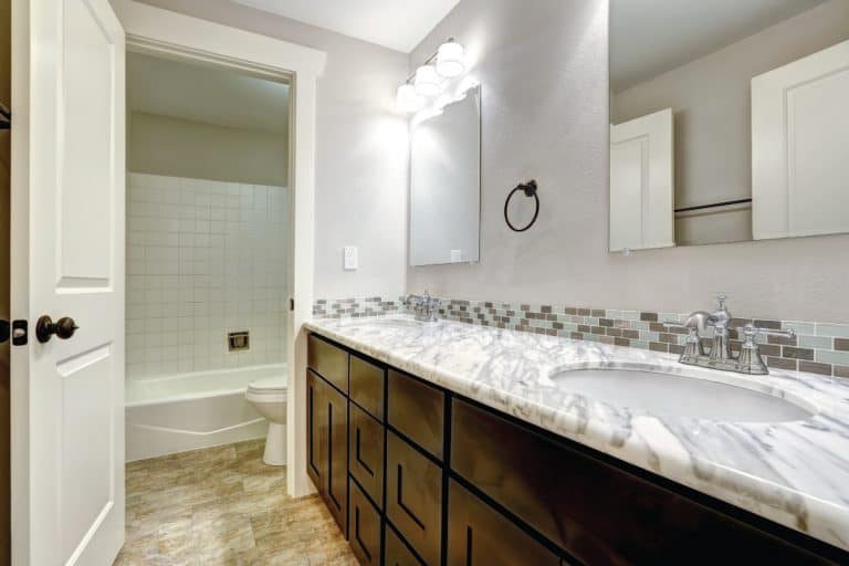 Bathroom vanity cabinet with white granite top, How much space do you need between double vanity mirrors