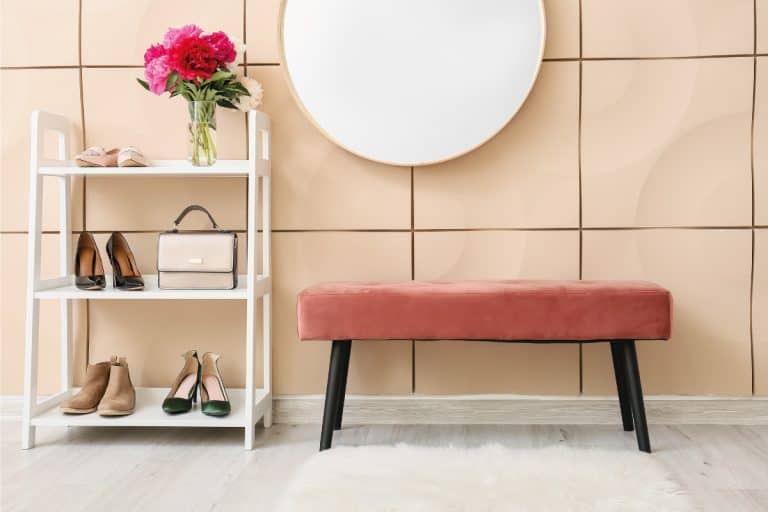 Modern stylish foyer with round mirror, shoe rack and bench, 11 Awesome Foyer Mirror Ideas