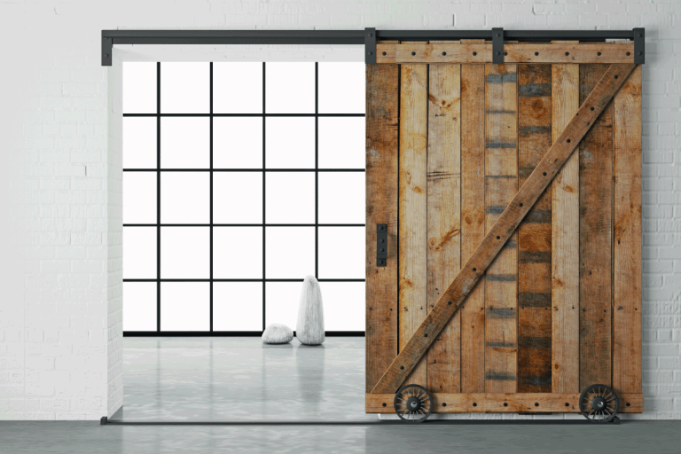 Modern-interior-in-loft-style-barn-sliding-wooden-door-in-loft-room.-Do-Bedroom-Barn-Doors-Lock