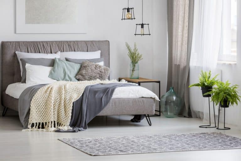 Small contemporary bedroom with drapes and blankets on the bed and a small rug infront and plants near the windowsill, How Big Should A Bedroom Rug Be?