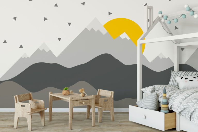 A mock up wall decor of a huge mountain and sun inside a childs room, Do Wall Decals Damage Walls? [Inc. Fatheads]