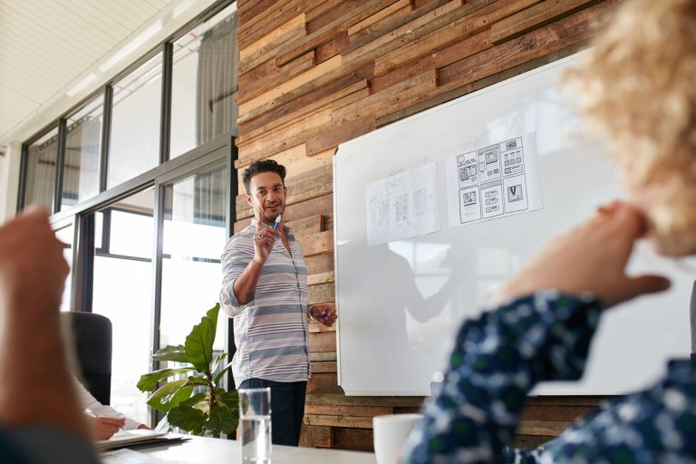 Young man discussing new mobile application design on white board with colleagues during a meeting, How To Hang A Whiteboard Without Nails