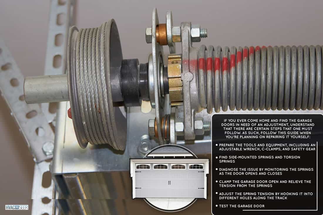 Springs tensioning the garage door mechanism,garage door mechanism with roller and cable and spring, How To Adjust A Garage Door Spring & Cables [Step By Step Guide]